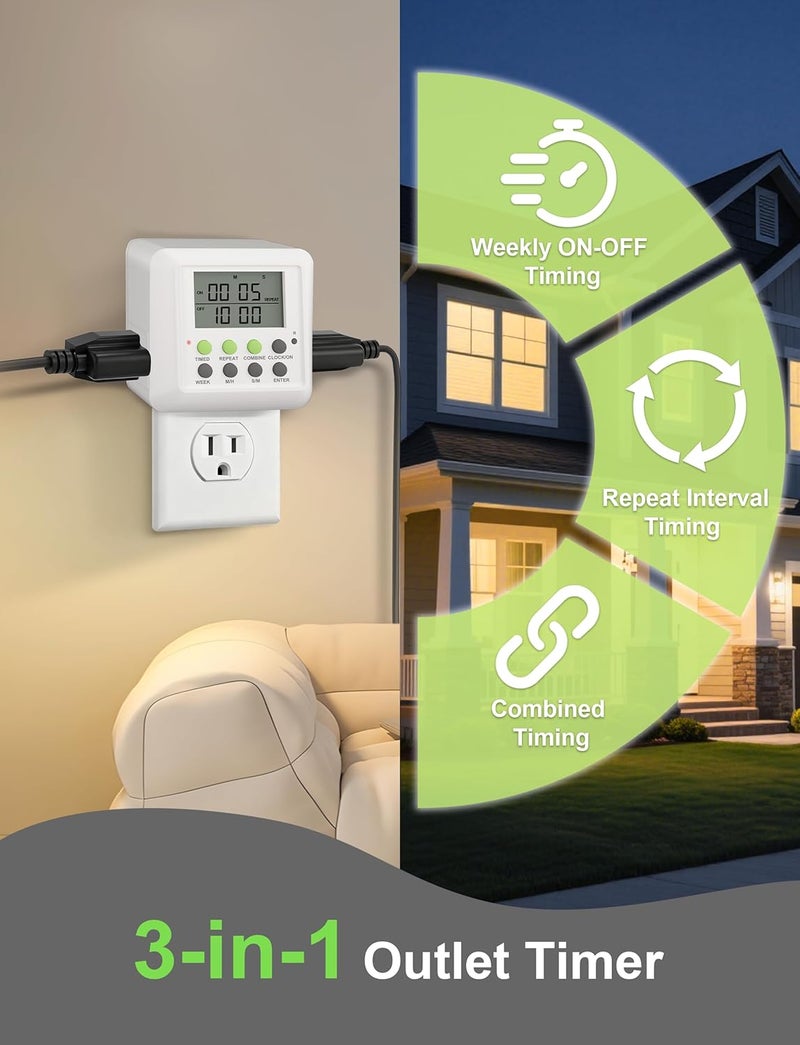 NOKMIT 3-in-1 Dual Outlet Timer Plug with Interval Cycle for Indoor, 7 Day 24 Hour Programmable Digital Repeat Timer Switch(15A, 1875W) - Image 3